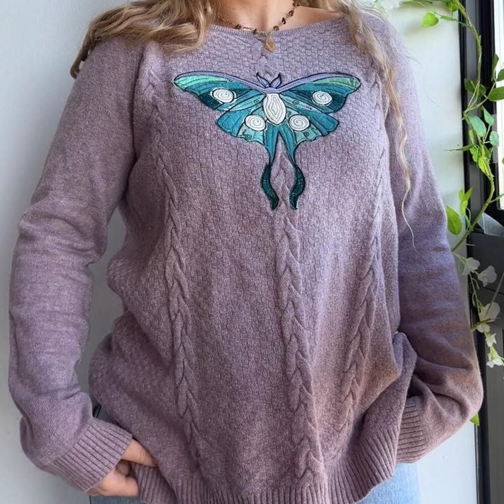 Upcycled lunar moth patchwork embroidered pale lavender sweater